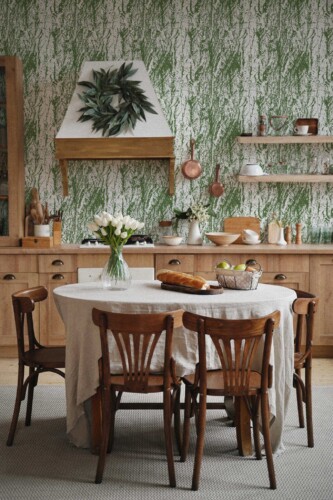 Fancy Walls peel and stick wallpaper in green texture imitation pattern for kitchen walls. Seamless tree bark removable wallpaper in farmhouse kitchen decor