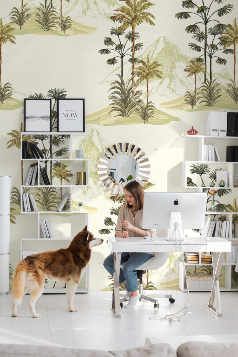 Aesthetic Tropical Wall Mural with large green plants, trees, and soft mountain shapes in beige, perfect for office walls, creative studios, or spacious accent areas.