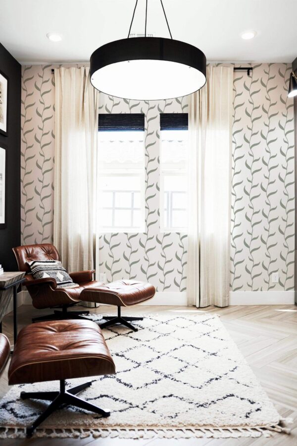 MId-century modern style living room decorated with Green vines peel and stick wallpaper