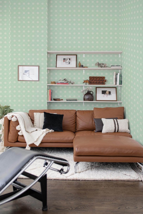 Mid-century modern style dining room decorated with Green vintage peel and stick wallpaper