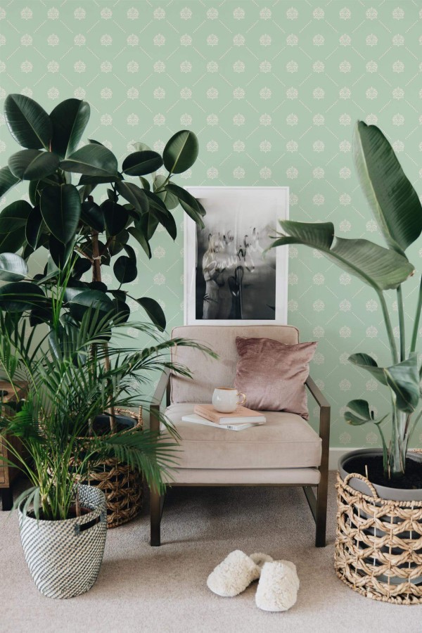 Modern boho style living room decorated with Green vintage peel and stick wallpaper