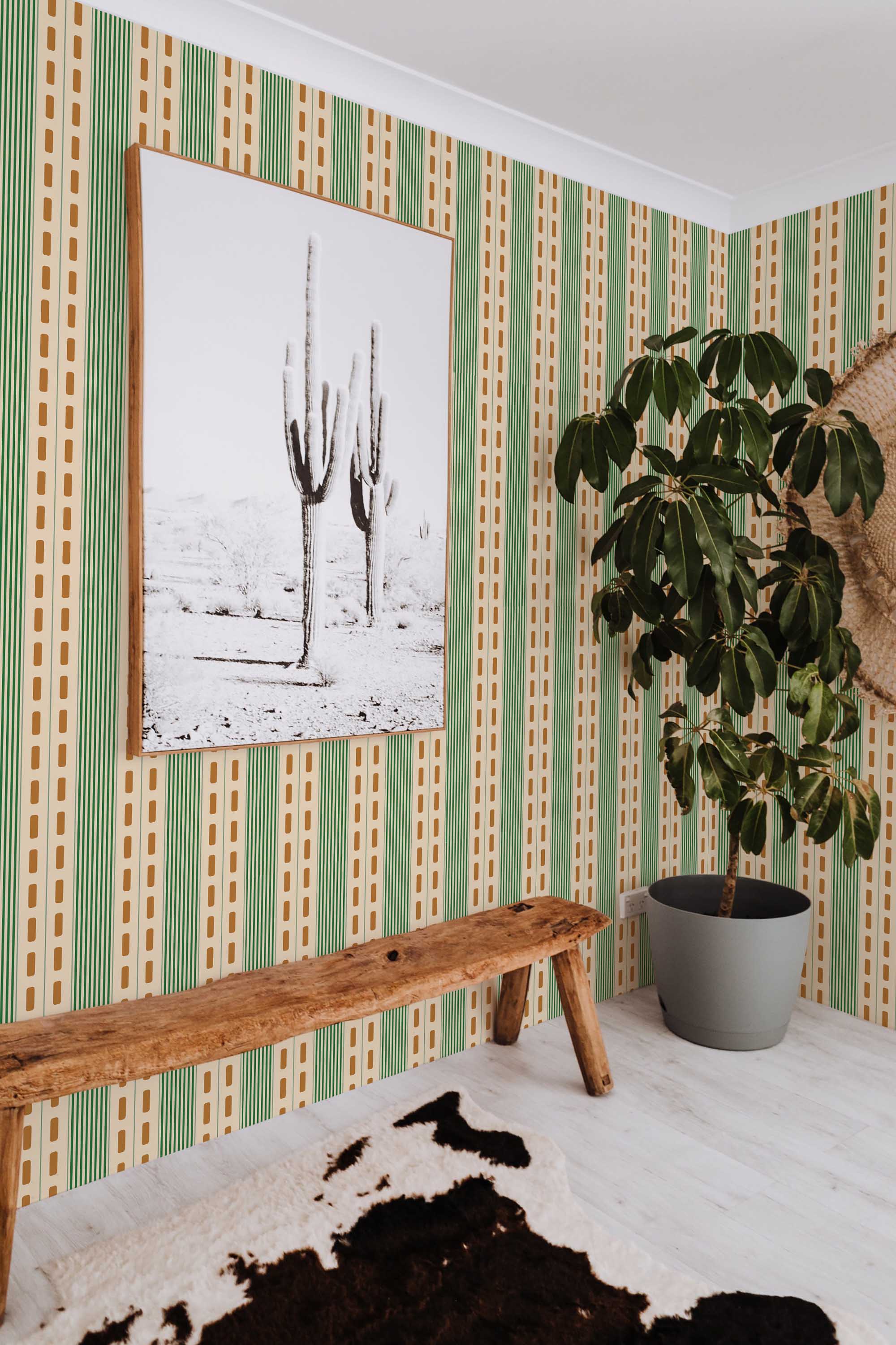 Fancy Walls traditional wallpaper inspired by vintage green stripes for a bold and dynamic look.