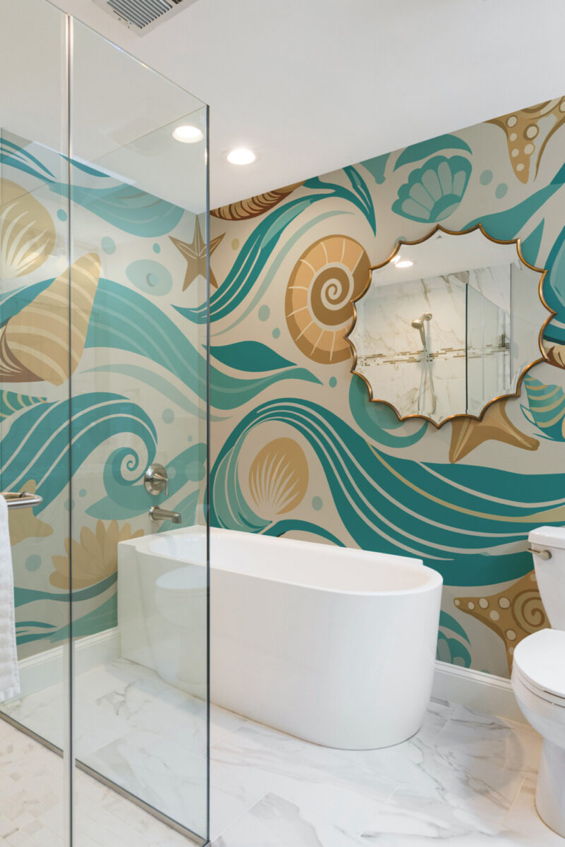Coastal Flow Wall Mural with teal abstract waves and beige seashells, ideal for bathrooms, spa spaces, or coastal-inspired home interiors.