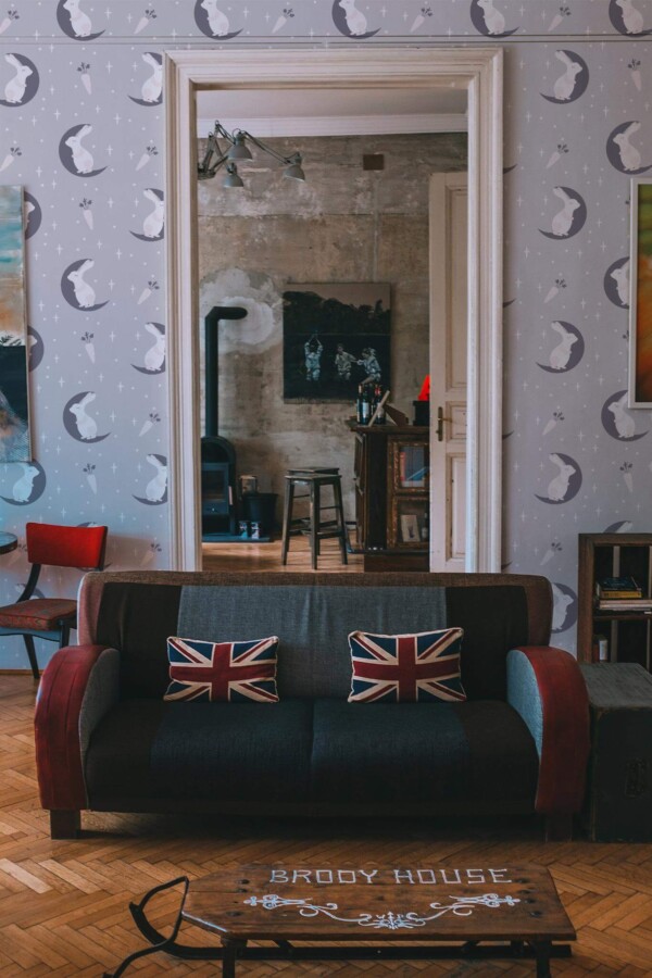 Industrial rustic style living dining room decorated with Grey bunny nursery peel and stick wallpaper