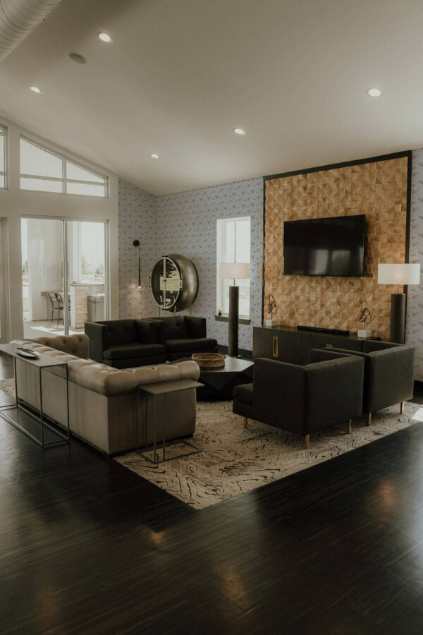 Hollywood glam style living room decorated with Grey nursery peel and stick wallpaper