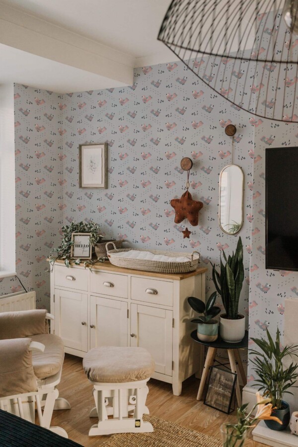 Neutral style nursery decorated with Grey nursery peel and stick wallpaper