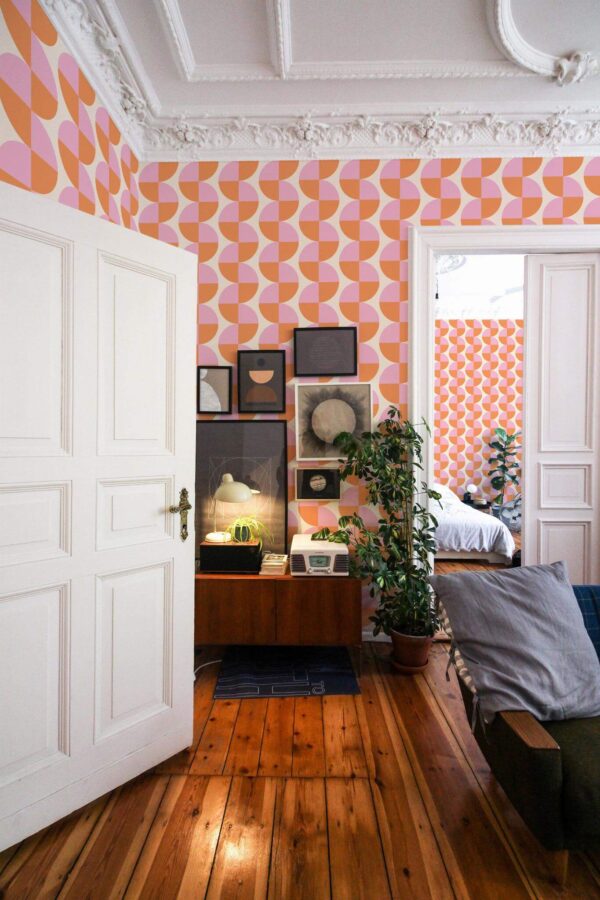 Mid-century modern luxury style living room and bedroom decorated with Groovy continuous semi-circles peel and stick wallpaper