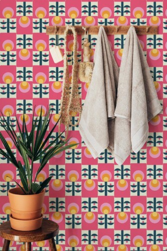 Boho style bathroom decorated with Groovy flowers peel and stick wallpaper