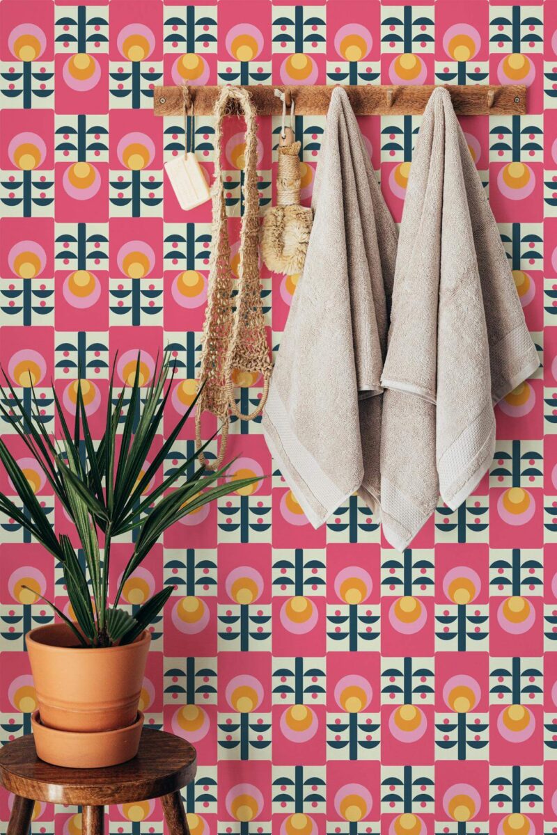 Boho style bathroom decorated with Groovy flowers peel and stick wallpaper