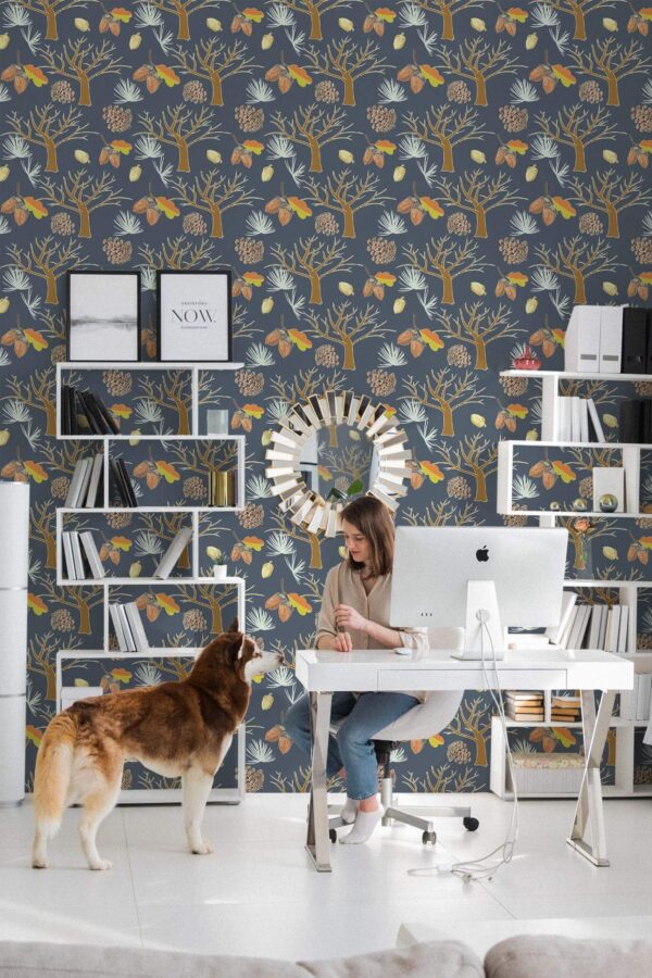 Minimal Scandinavian style office decorated with Groovy garden peel and stick wallpaper