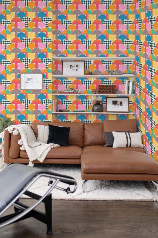 Mid-century modern style dining room decorated with Groovy mushrooms peel and stick wallpaper