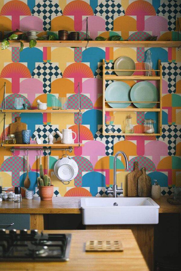 Rustic farmhouse style kitchen decorated with Groovy mushrooms peel and stick wallpaper