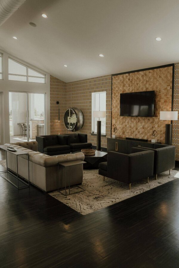 Hollywood glam style living room decorated with Groovy retro peel and stick wallpaper