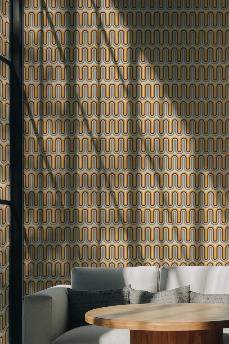 Scandinavian style living room decorated with Groovy retro peel and stick wallpaper