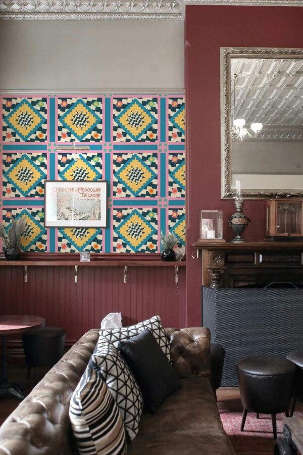 Rustic traditional style living room decorated with Groovy rug peel and stick wallpaper