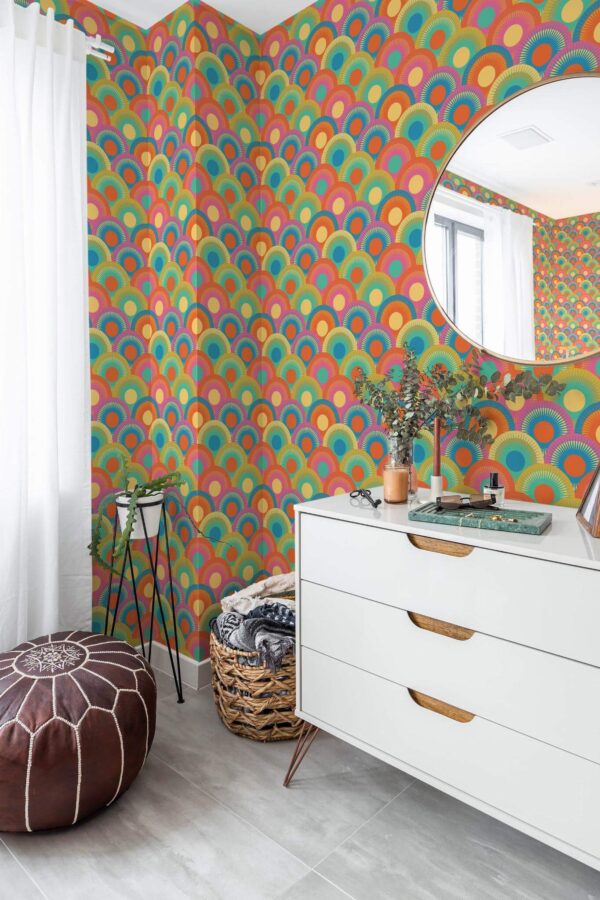 Scandinavian style bedroom decorated with Groovy sunsets peel and stick wallpaper and Mediterranean accents