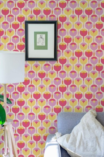 Eastern European style living room decorated with Groovy tulips peel and stick wallpaper