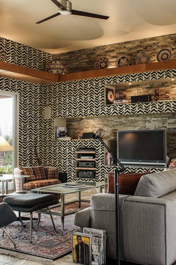 Scandinavian style living room decorated with Grunge chevron peel and stick wallpaper and Mediterranean accents