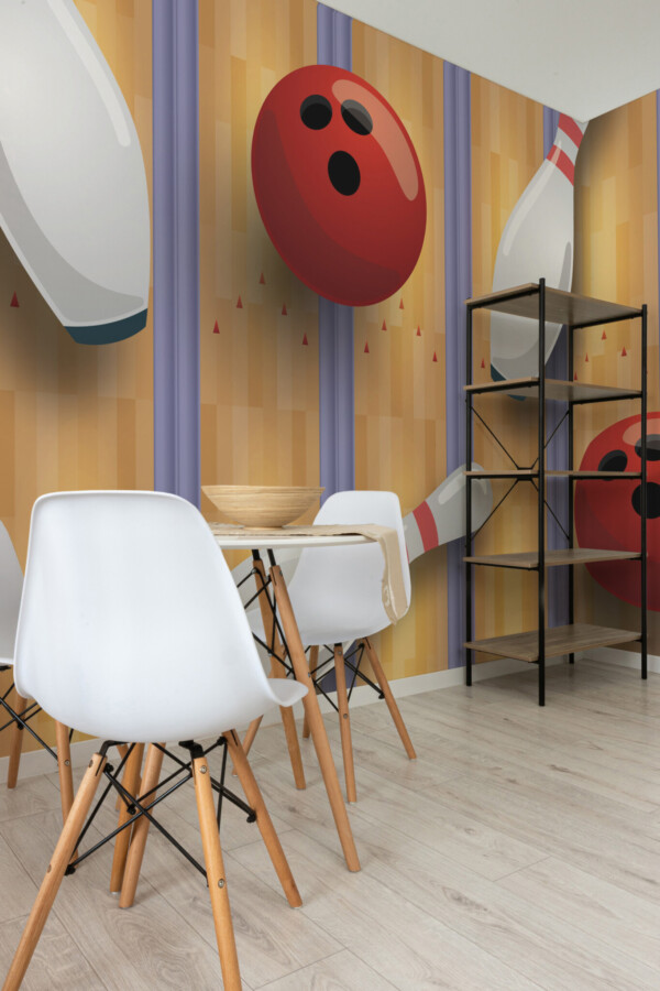 Wall mural peel and stick featuring a bright bowling scene with balls and pins in motion over stylized lanes, ideal for energetic gym spaces. The Fancy Walls peel and stick or non-pasted wallpaper.