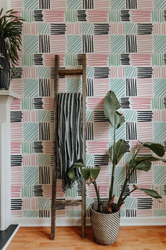 Scandinavian style living room decorated with Hand drawn lines peel and stick wallpaper