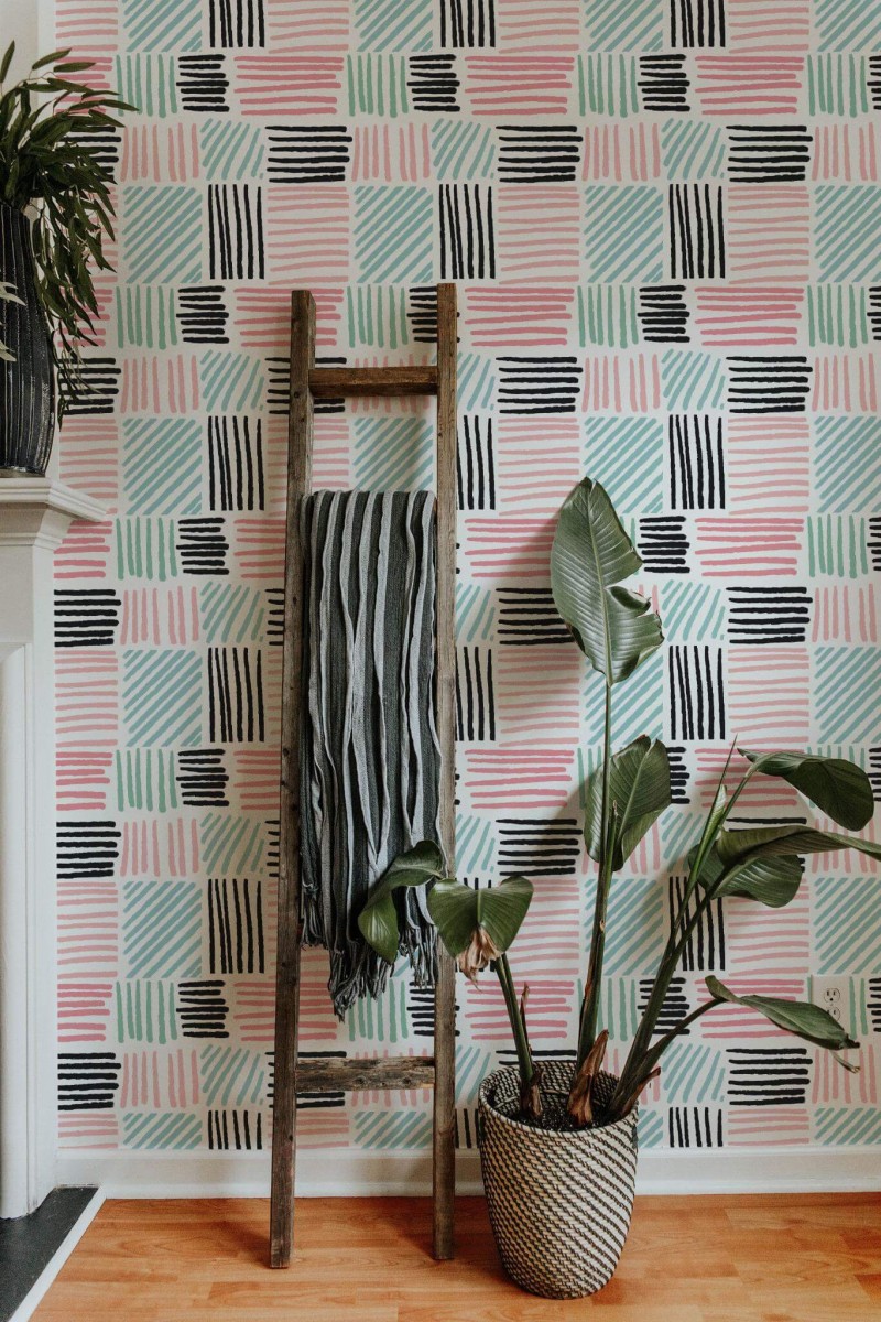 Scandinavian style living room decorated with Hand drawn lines peel and stick wallpaper