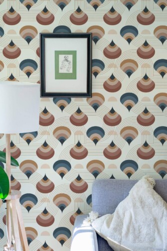 Eastern European style living room decorated with Hand drawn retro peel and stick wallpaper