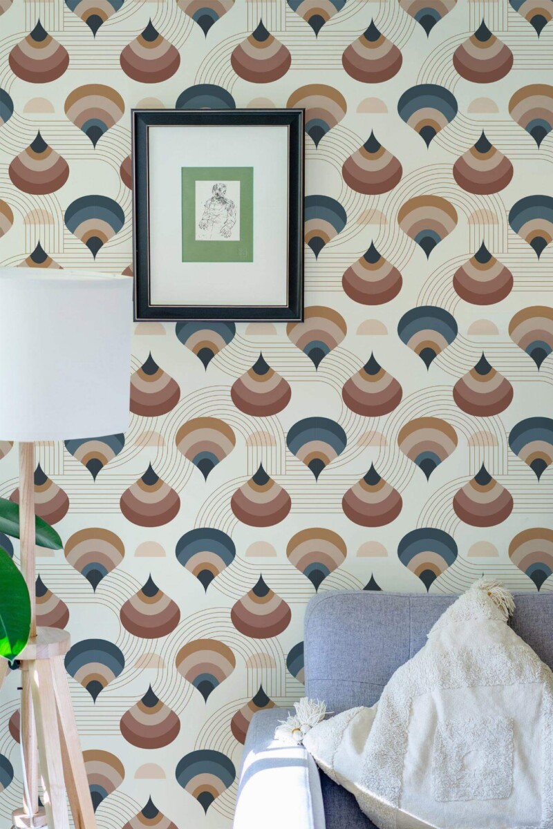 Eastern European style living room decorated with Hand drawn retro peel and stick wallpaper