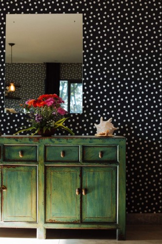 Industrial style living room decorated with Hand drawn white circles peel and stick wallpaper