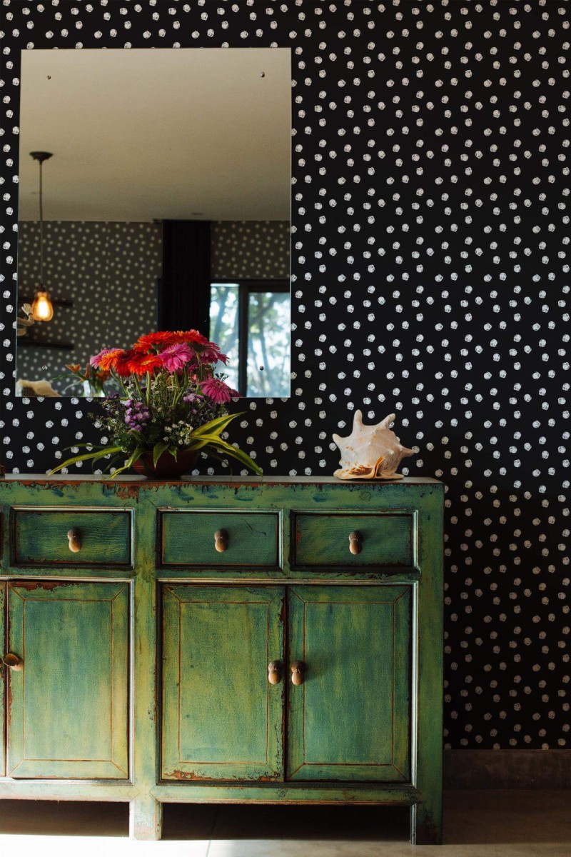 Industrial style living room decorated with Hand drawn white circles peel and stick wallpaper