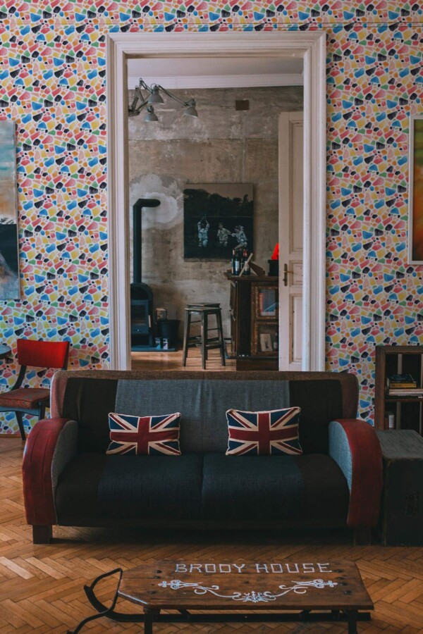 Industrial rustic style living dining room decorated with Hand painted terrazzo peel and stick wallpaper