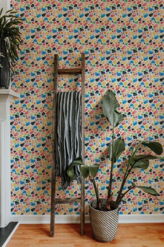 Scandinavian style living room decorated with Hand painted terrazzo peel and stick wallpaper