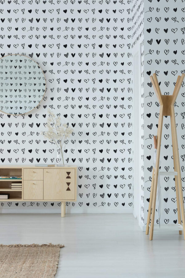 Minimal style entryway decorated with Handdrawn hearts peel and stick wallpaper