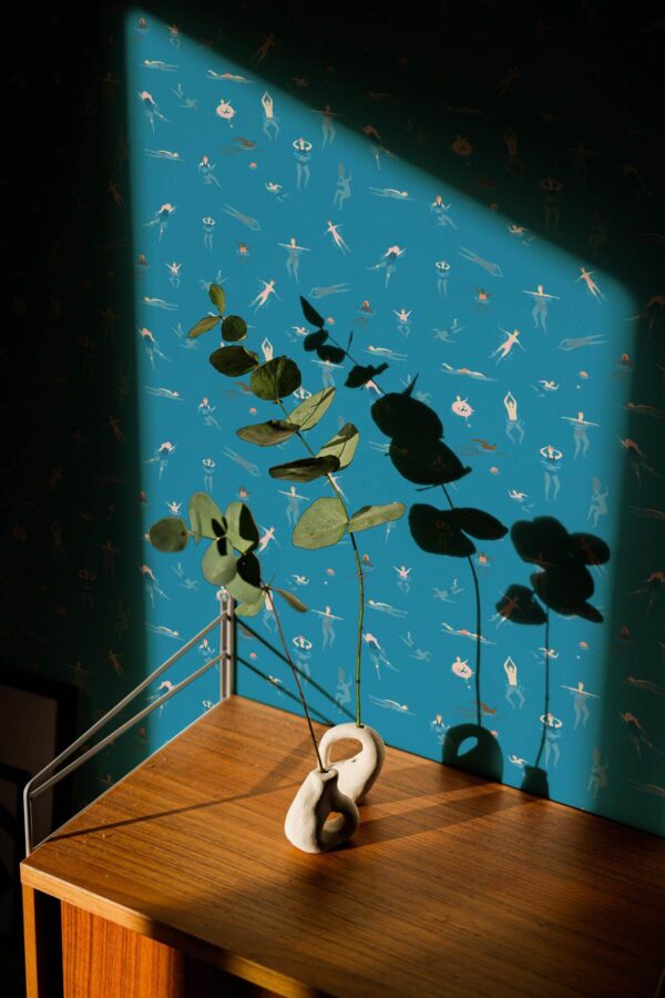 Mid-century style living room decorated with Happy swimmers peel and stick wallpaper