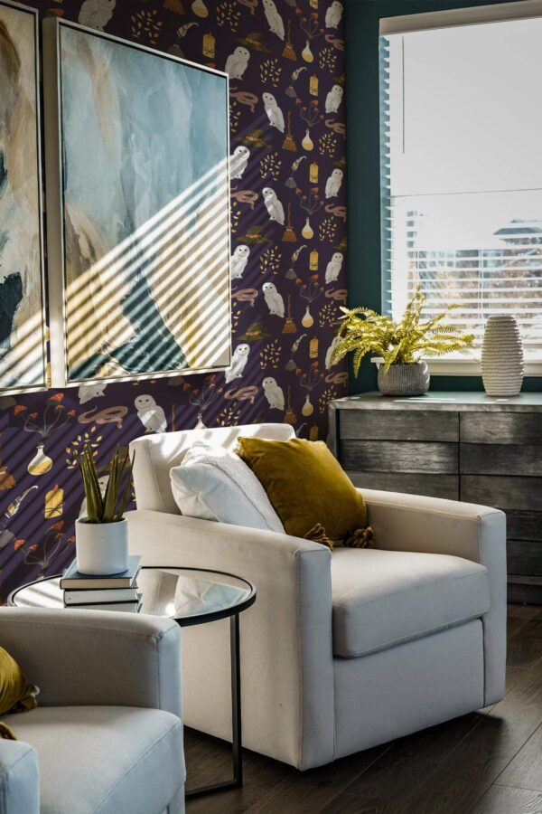 Shabby chic style living room decorated with Harry Potter peel and stick wallpaper