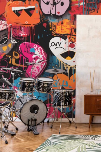 Heart Graffiti Wall Mural with colorful red graffiti-style hearts, ideal for game rooms, creative spaces, or bold urban interiors.