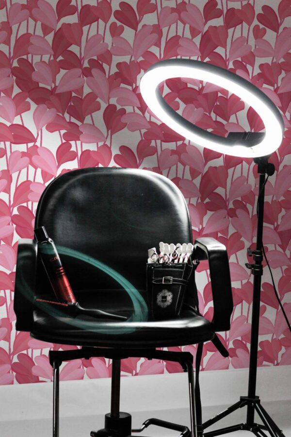 Industrial style beauty salon decorated with Heart leaf peel and stick wallpaper