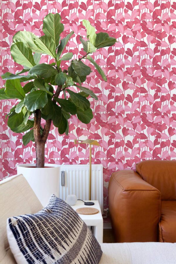Mid-century style living room decorated with Heart leaf peel and stick wallpaper