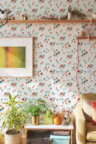Southwestern style living room decorated with Hedgehog forest peel and stick wallpaper