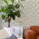 Mid-century style living room decorated with Hedgehog nursery peel and stick wallpaper