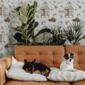 Mid-century modern style living room decorated with Honey bee peel and stick wallpaper