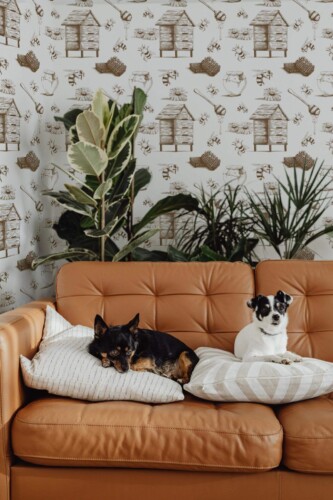 Mid-century modern style living room decorated with Honey bee peel and stick wallpaper