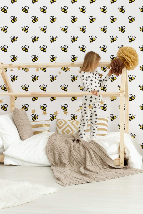 Bohemian style kids room decorated with Honey bees peel and stick wallpaper