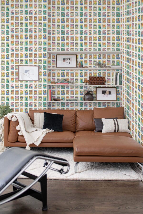 Mid-century modern style dining room decorated with Horoscope peel and stick wallpaper