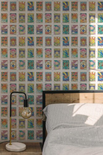 Minimal modern style bedroom decorated with Horoscope peel and stick wallpaper