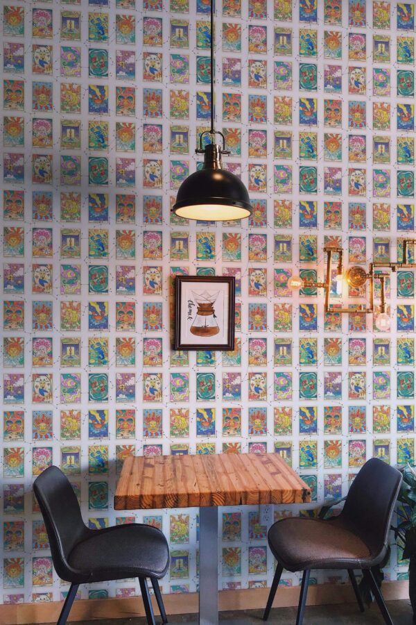 Rustic farmhouse style dining room decorated with Horoscope peel and stick wallpaper