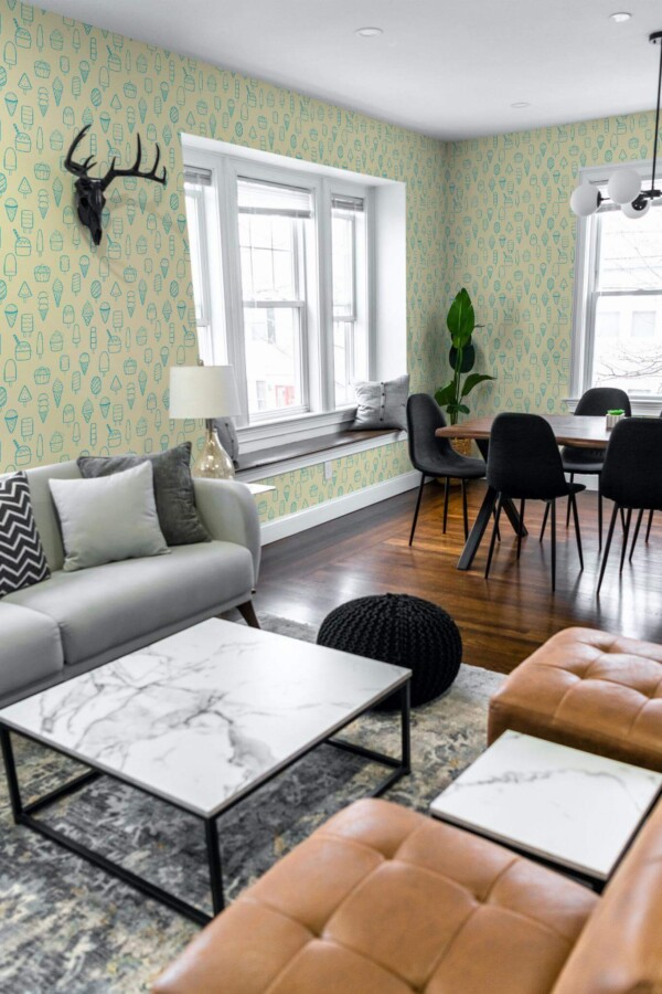 Mid-century modern scandinavian style living dining room decorated with Ice cream doodles peel and stick wallpaper