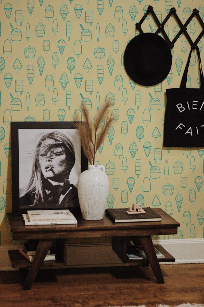 Rustic farmhouse style entryway decorated with Ice cream doodles peel and stick wallpaper