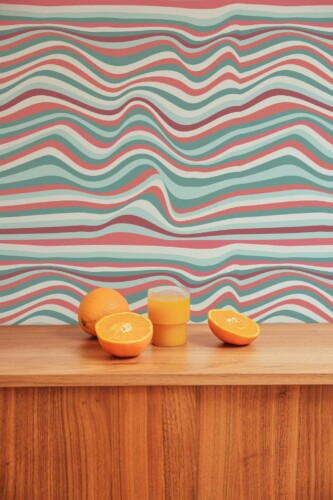 Mid-century style living room decorated with Illusion peel and stick wallpaper