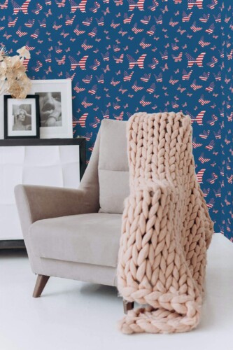 Boho style living room decorated with Independence butterflies peel and stick wallpaper