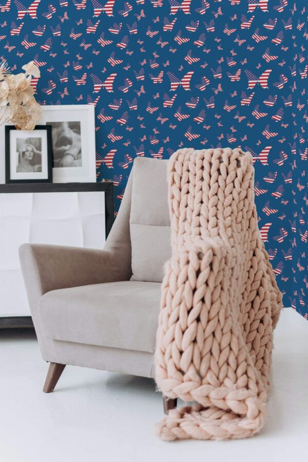 Boho style living room decorated with Independence butterflies peel and stick wallpaper